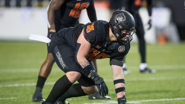 Nov 13, 2021; Stillwater, Oklahoma, USA; Oklahoma State Cowboys linebacker Mason Cobb (38) lines up during the second quarter against the TCU Horned Frogs at Boone Pickens Stadium. OSU won 63-17. Mandatory Credit: Brett Rojo-USA TODAY Sports